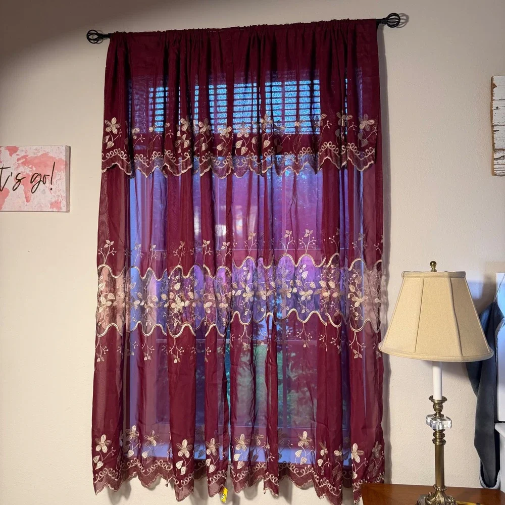 Vtg Burgundy Sheer Embroidered Curtains Set of 2 Lace Window Panels 66.5